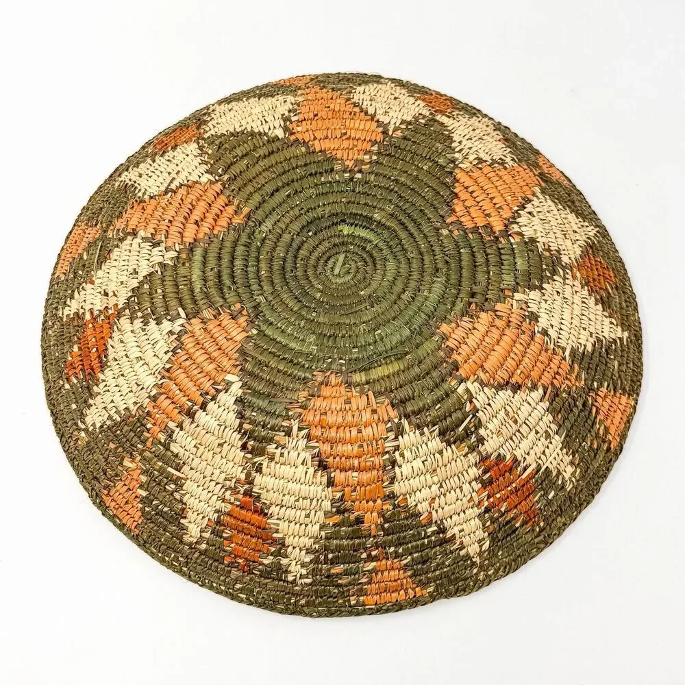 Woven Raffia Basket with Sun Motif in Orange and Green